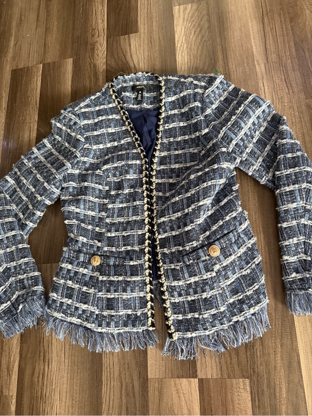 Aqua Navy, White & Light Blue Tweed Fringe Jacket with Gold Buttons